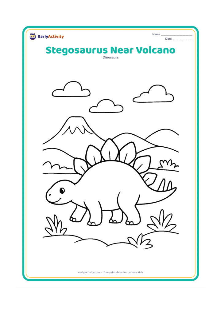 Colouring page: Draw a calm stegosaurus walking in the foreground with a distant quiet volcano, wispy clouds, layered hills, and low plants. The volcano must have no eruption, danger, or smoke covering…