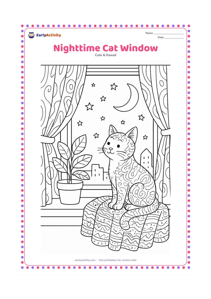 Colouring page: A friendly cat sits on a cushioned windowsill looking at a crescent moon, stars and a sleepy city skyline. Add a potted plant, curtain folds, a hanging star ornament and a small blanket.