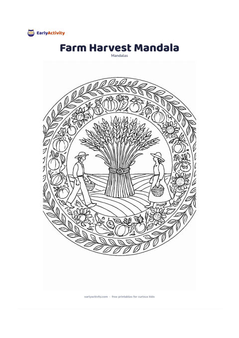 Colouring page: Build a circular mandala around a sheaf of grain and a simple hand basket, surrounded by vegetables, field rows, sunflowers and repeating leaf borders. Include two farmers carrying…