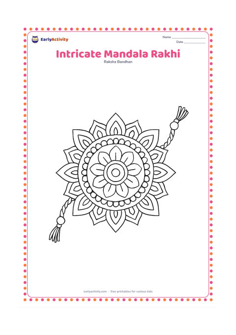 Colouring page: A large symmetrical rakhi fills most of the page, built from concentric rings of petals, leaves, beads, braided thread, and small geometric motifs. Leave a clean outer margin around the…