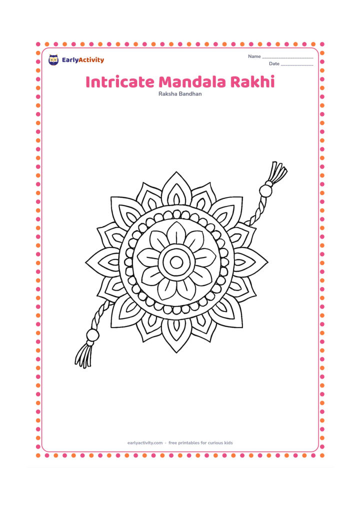 Colouring page: A large symmetrical rakhi fills most of the page, built from concentric rings of petals, leaves, beads, braided thread, and small geometric motifs. Leave a clean outer margin around the…