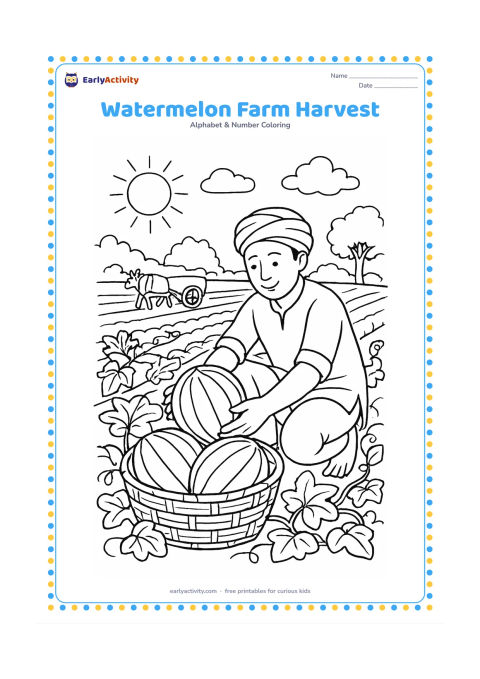Colouring page: Draw an Indian farm scene with a farmer collecting watermelons into a woven basket, rows of vines, broad leaves, and a small bullock cart in the distance. Include a bright summer sky and…