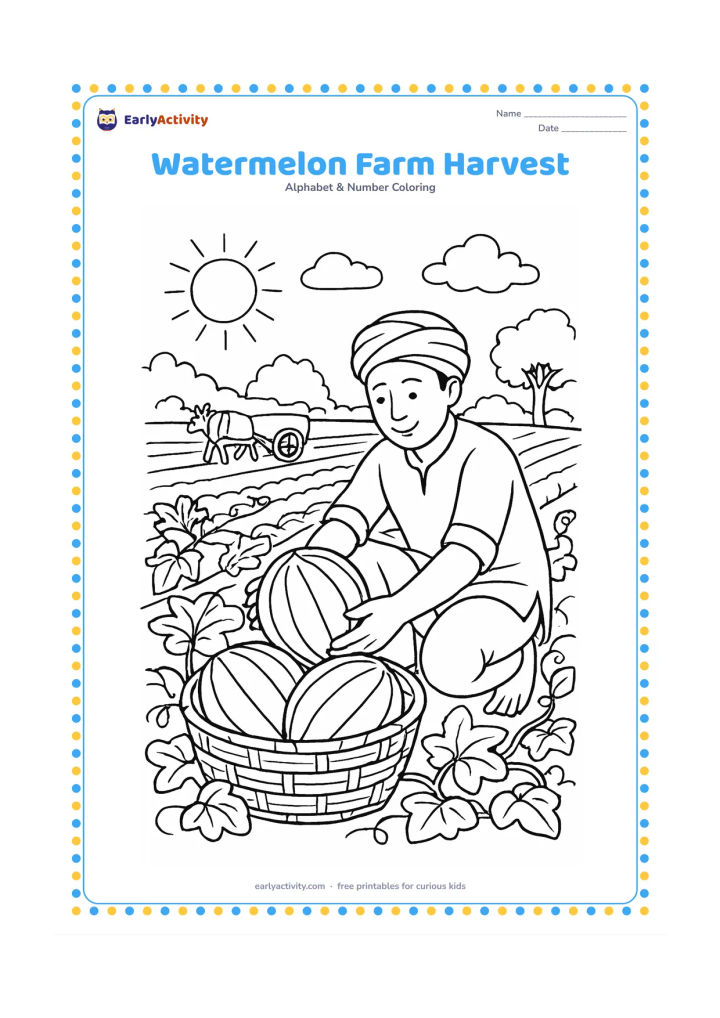 Colouring page: Draw an Indian farm scene with a farmer collecting watermelons into a woven basket, rows of vines, broad leaves, and a small bullock cart in the distance. Include a bright summer sky and…