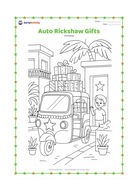 Colouring page: A friendly decorated auto-rickshaw carries a stack of wrapped Christmas gifts through an Indian neighbourhood while a child waves from a doorway. Add potted plants, balconies, palm…