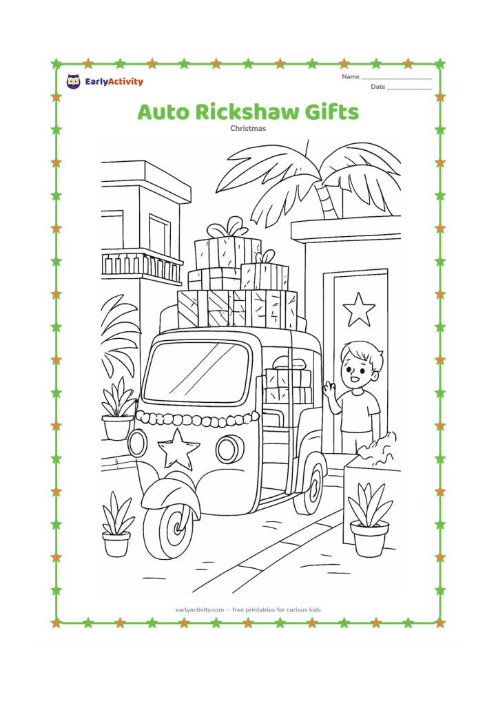 Colouring page: A friendly decorated auto-rickshaw carries a stack of wrapped Christmas gifts through an Indian neighbourhood while a child waves from a doorway. Add potted plants, balconies, palm…