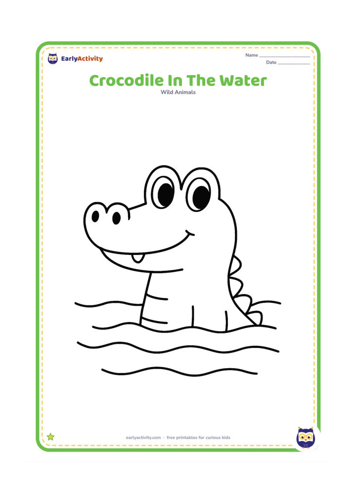 Colouring page: Draw a smiling crocodile floating in calm water with only its head, eyes, nostrils, and upper back above the surface. Add three broad curved water lines and no small background details.