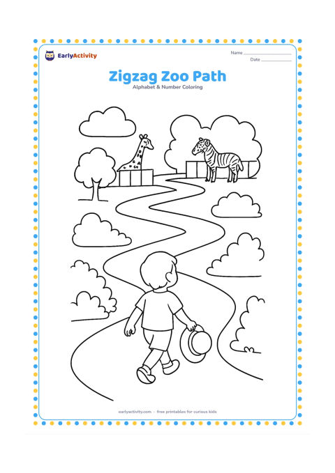 Colouring page: Draw a child following a winding zigzag path toward distant zoo animal enclosures, carrying a small sun hat. Add trees, shrubs and glimpses of a giraffe and zebra beyond the path.