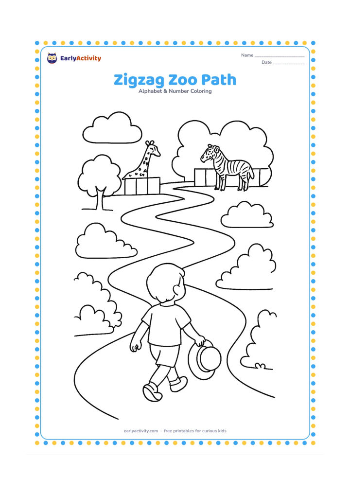Colouring page: Draw a child following a winding zigzag path toward distant zoo animal enclosures, carrying a small sun hat. Add trees, shrubs and glimpses of a giraffe and zebra beyond the path.