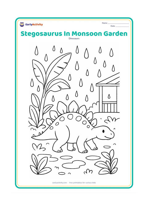 Colouring page: Draw a stegosaurus walking through a lush rainy garden with a broad banana plant, puddles, large raindrops, and a simple covered veranda in the far background. Keep the dinosaur fully…