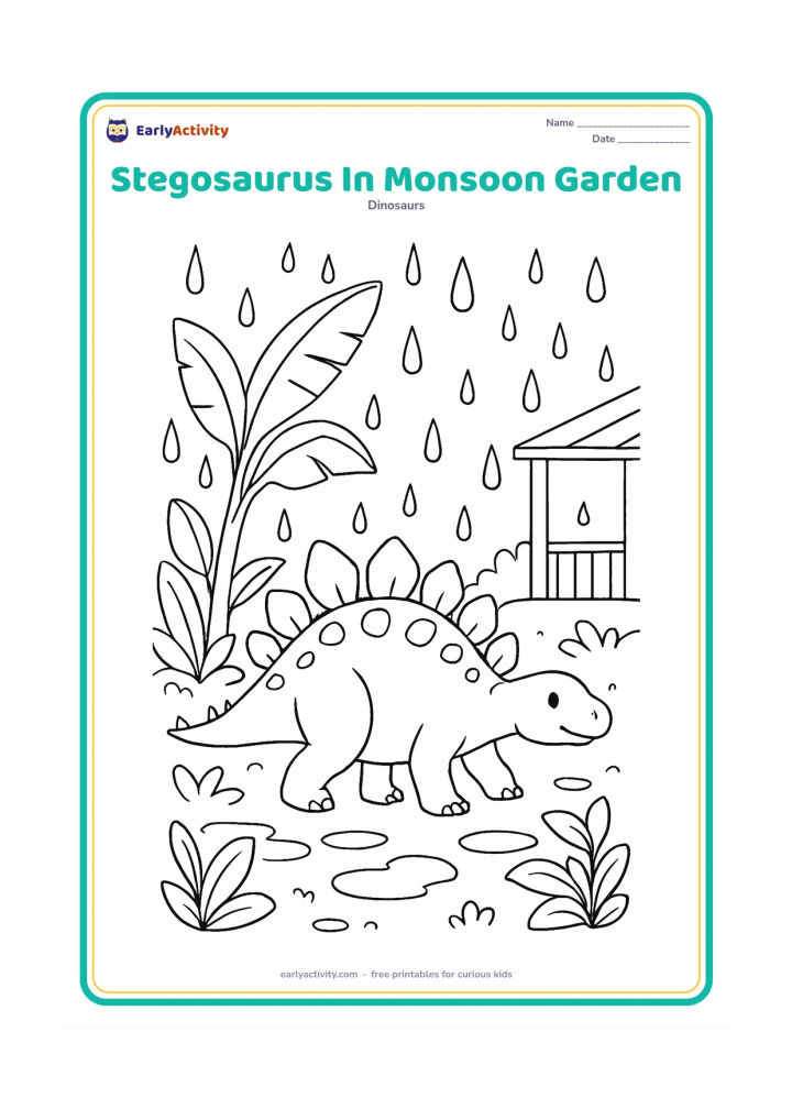 Colouring page: Draw a stegosaurus walking through a lush rainy garden with a broad banana plant, puddles, large raindrops, and a simple covered veranda in the far background. Keep the dinosaur fully…