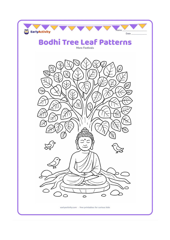Colouring page: A large Bodhi tree fills the page, with many heart-shaped leaves containing varied simple vein patterns, a meditating Buddha beneath it and roots spreading around a cushion. Add small…
