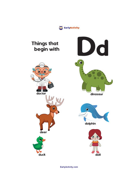 Worksheet showing the letter Dd and six labelled pictures: doctor, dinosaur, deer, dolphin, duck and doll.
