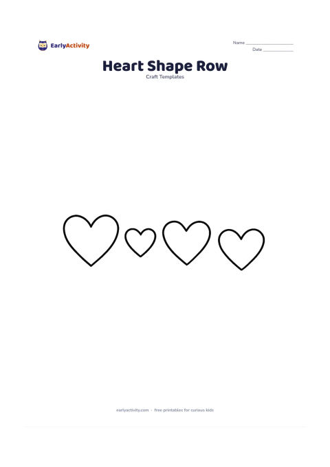 Worksheet: Draw a row of five large empty hearts, alternating slightly larger and smaller sizes, with even spacing across the page. Do not add patterns or interior details.