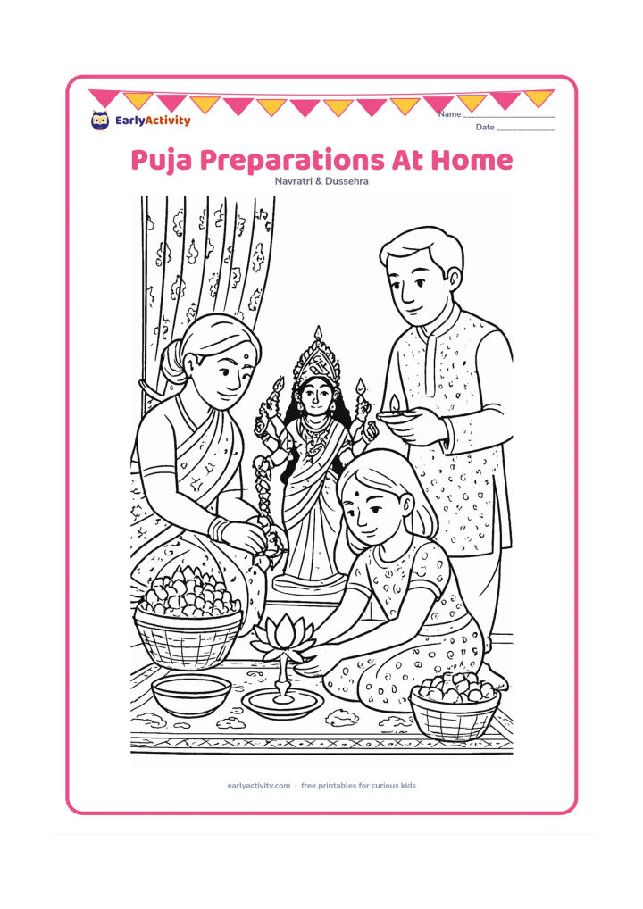 Colouring page: A family prepares for Durga Puja inside an Indian home, with one person arranging flowers, another lighting a diya, and a child placing a lotus near a small Durga shrine. Add patterned…