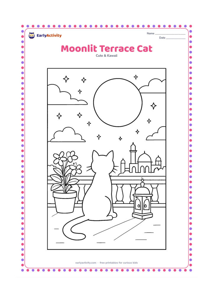 Colouring page: Draw a cat sitting on a terrace at night beneath a large moon, with potted jasmine, a lantern, a low railing and a quiet Indian skyline. Add stars, soft cloud shapes and the cat's long…