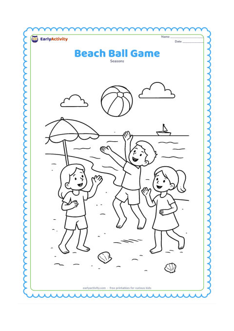 Colouring page: Three children play catch with a beach ball on a sandy shore, with a parasol, seashells, gentle waves and a small boat in the distance.
