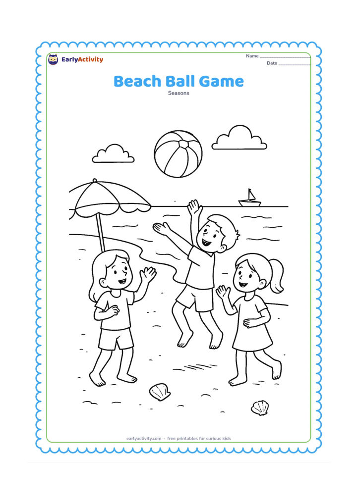 Colouring page: Three children play catch with a beach ball on a sandy shore, with a parasol, seashells, gentle waves and a small boat in the distance.