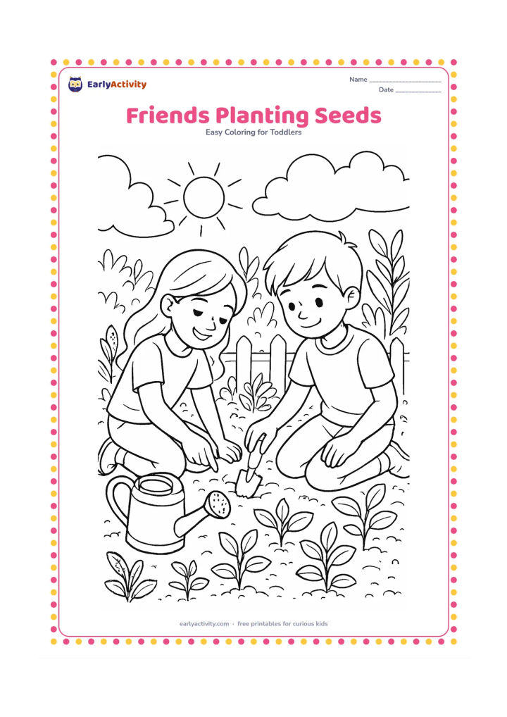 Colouring page: Draw two children kneeling together in a garden bed, one making a small hole with a hand trowel and the other placing a seed, with a watering can, several leafy seedlings, and a low…
