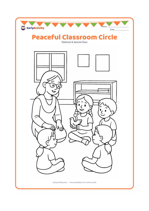 Colouring page: Draw a teacher and several Indian children seated in a circle on a classroom floor, listening peacefully as one child holds a small dove-shaped craft. Include low shelves, windows and a…