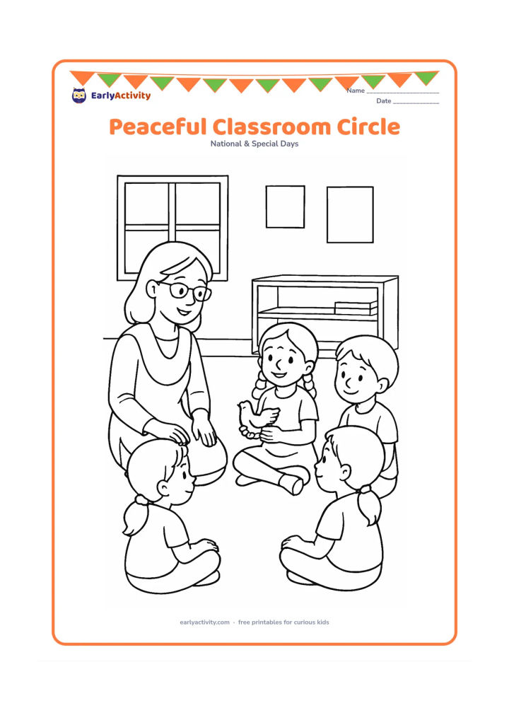 Colouring page: Draw a teacher and several Indian children seated in a circle on a classroom floor, listening peacefully as one child holds a small dove-shaped craft. Include low shelves, windows and a…