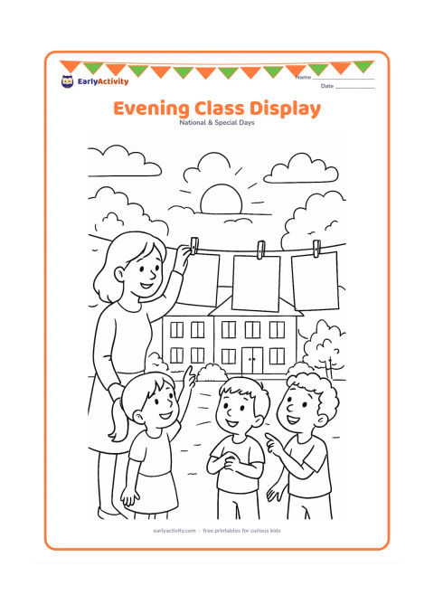 Colouring page: Children and a teacher hang completed artwork on a clothesline in a school courtyard at sunset. Show varied blank drawings, clips, trees, a school building, and children pointing proudly…