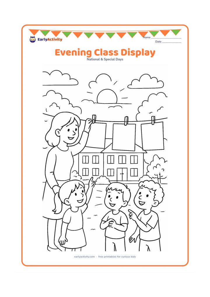 Colouring page: Children and a teacher hang completed artwork on a clothesline in a school courtyard at sunset. Show varied blank drawings, clips, trees, a school building, and children pointing proudly…