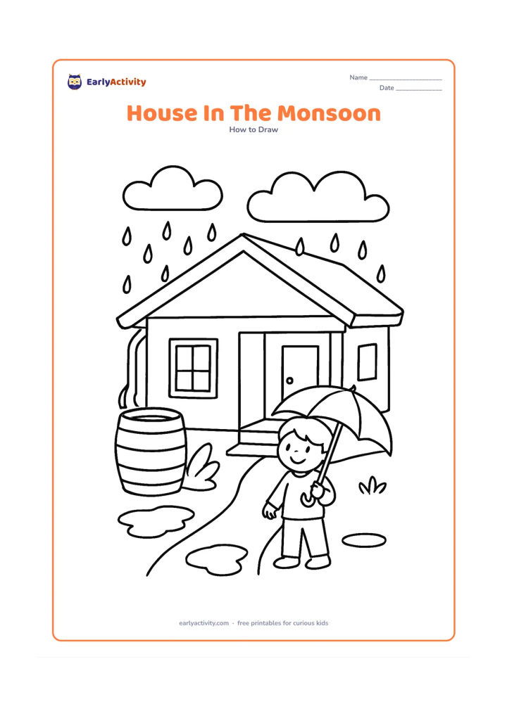 Worksheet: Draw a house with a wide overhanging roof, rainwater flowing into a barrel, a covered veranda and a child holding an umbrella on the path. Add puddles, a leafy plant and soft cloud…