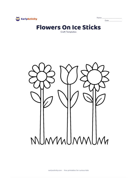 Worksheet: Three separate flower cutouts, a daisy, tulip and sunflower, each attached to a plain ice cream stick, arranged upright like a pretend garden. Add one simple strip of grass along the bottom.