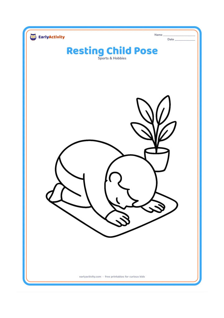 Colouring page: A child kneels and folds forward with the forehead near the mat and arms stretched ahead. Show a small blanket edge and one peaceful floor plant.