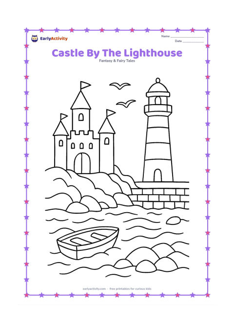 Colouring page: Draw a seaside castle on a rocky shore beside a tall lighthouse, with a small boat on calm water, a stone wall, and seabirds in the sky. Show an arched castle gate opening toward the beach.
