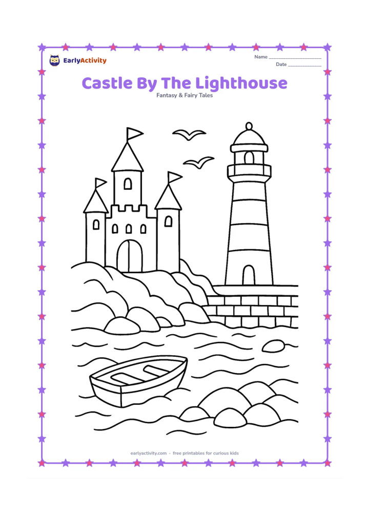 Colouring page: Draw a seaside castle on a rocky shore beside a tall lighthouse, with a small boat on calm water, a stone wall, and seabirds in the sky. Show an arched castle gate opening toward the beach.