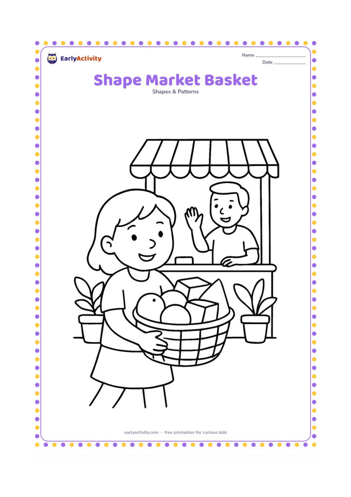 Colouring page: Draw a child carrying a basket filled with large round fruits, square boxes and one triangular packet, in a simple Indian market with a striped awning and two plant pots. Show one…