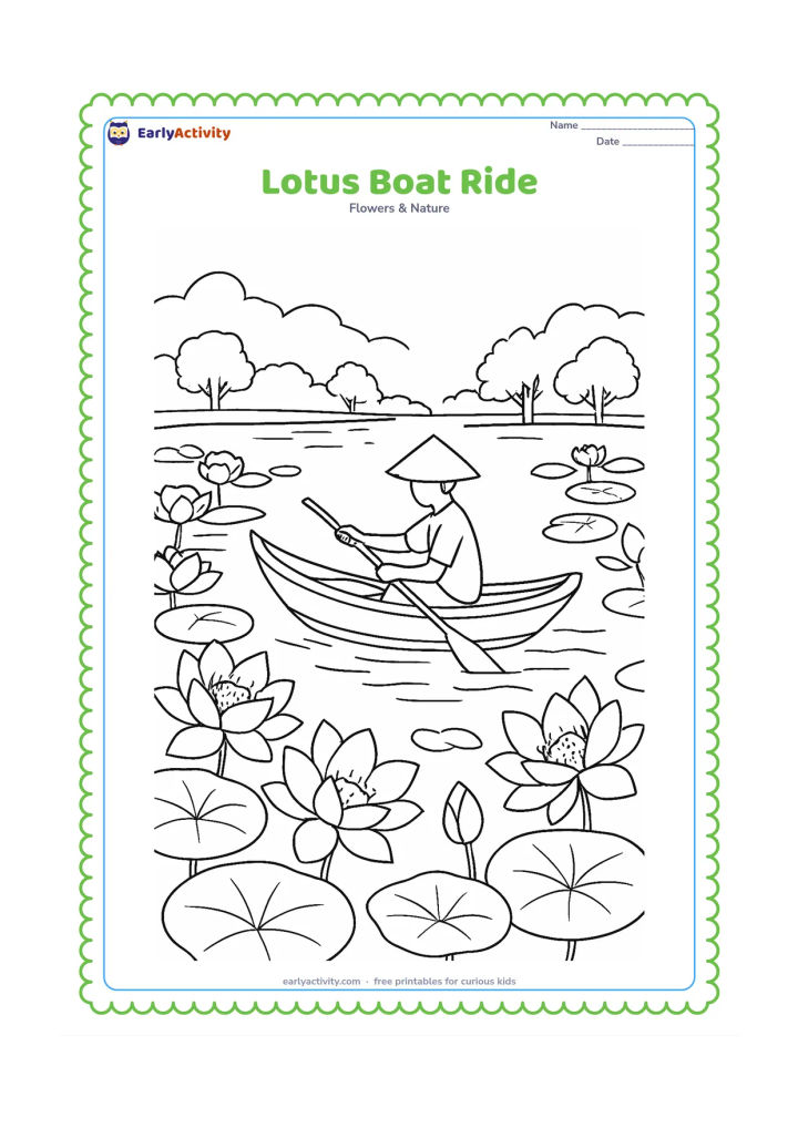 Colouring page: Draw a small traditional boat moving slowly through a lotus pond, with a seated person using a paddle, flowers and leaves on both sides, distant trees and reflections below. Keep the…