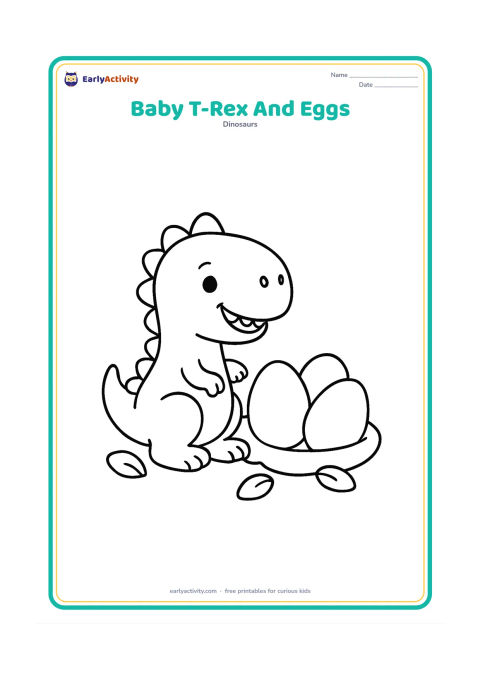 Colouring page: Draw a cheerful baby T-Rex sitting beside three large eggs in a shallow nest. Use a simple ground line and a few rounded leaves around the nest.