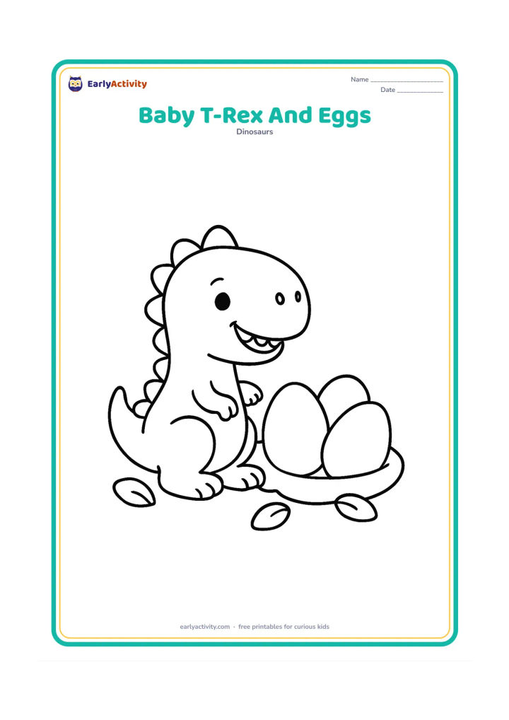 Colouring page: Draw a cheerful baby T-Rex sitting beside three large eggs in a shallow nest. Use a simple ground line and a few rounded leaves around the nest.