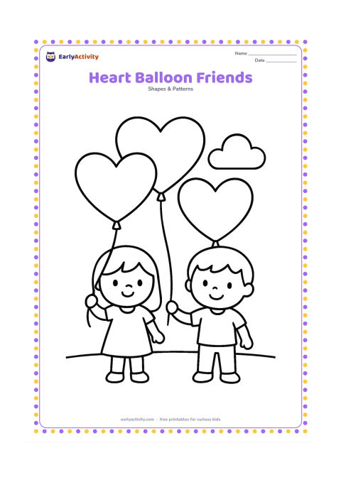 Colouring page: Draw two children holding strings attached to three large heart-shaped balloons, with a round cloud and a simple ground line behind them. Give the children friendly, uncomplicated poses.