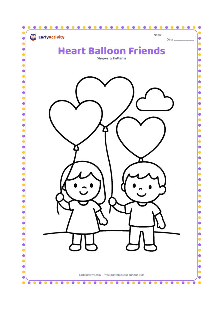 Colouring page: Draw two children holding strings attached to three large heart-shaped balloons, with a round cloud and a simple ground line behind them. Give the children friendly, uncomplicated poses.