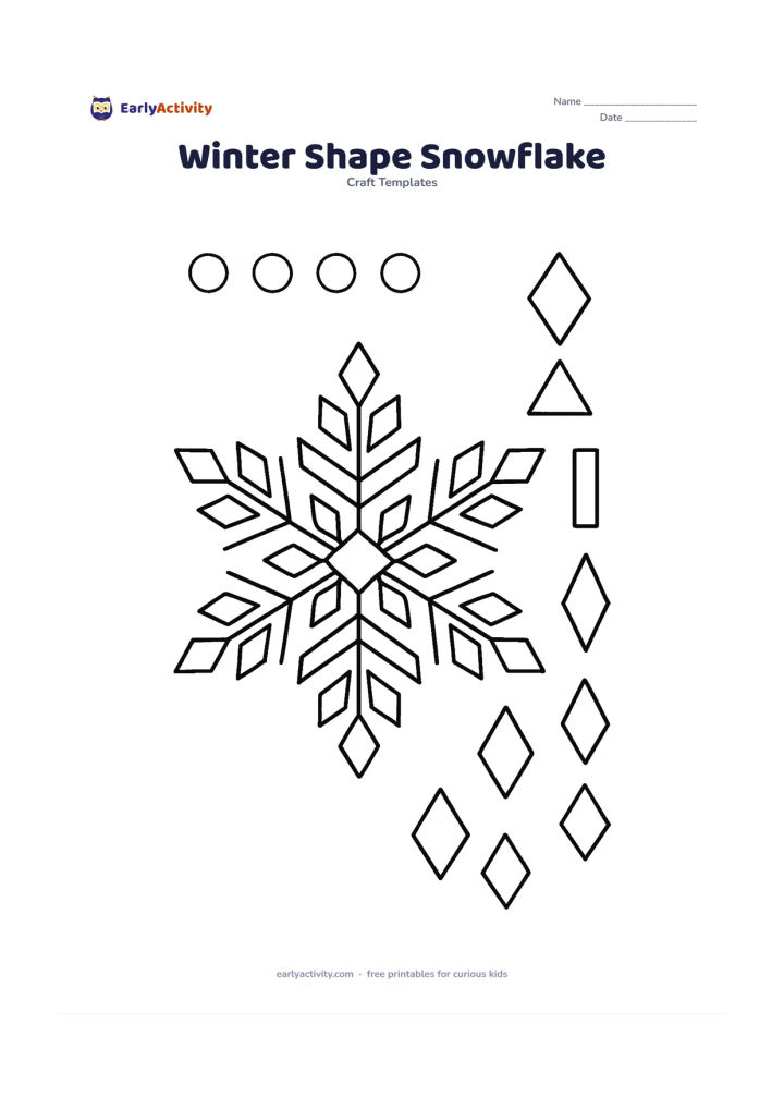 Worksheet: Show a large six-way symmetrical snowflake made from repeated diamonds, triangles and narrow rectangles, with separate duplicate pieces arranged beside it. Include a small row of plain…