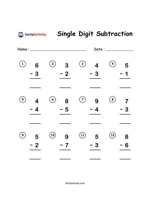 Worksheet with 12 single-digit subtraction problems, name and date lines, and answer lines.