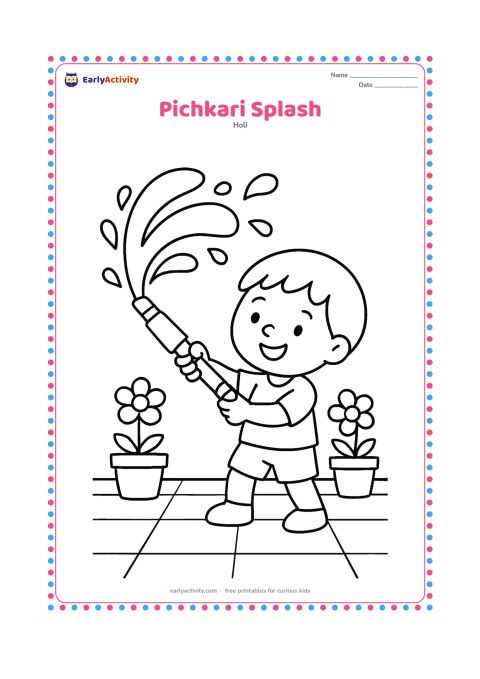Colouring page: A child points a large pichkari toward a wide arc of water droplets. Add two flower pots and a simple courtyard floor.