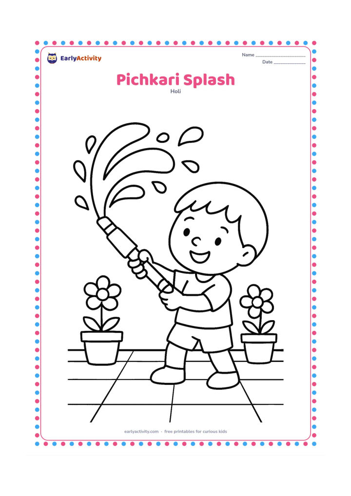 Colouring page: A child points a large pichkari toward a wide arc of water droplets. Add two flower pots and a simple courtyard floor.