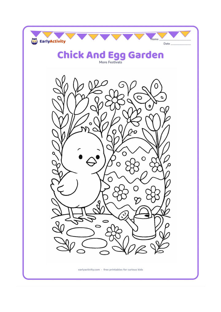 Colouring page: A chick stands beside a large cracked-open Easter egg surrounded by a detailed garden of tulips, daisies, leaves and curling vines. Add a small watering can, stepping stones and a butterfly.