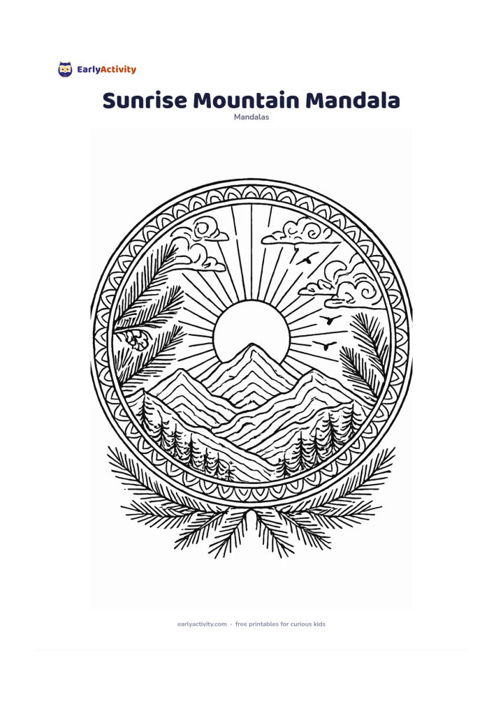 Colouring page: Create a circular mandala with a rising sun behind layered mountains at the centre, surrounded by pine branches, clouds, birds and repeated rays. Use concentric mountain contours and…