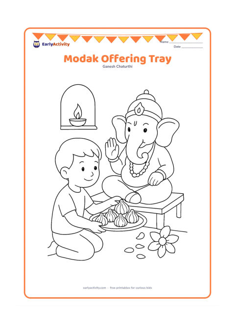 Colouring page: A child places several modaks on a round offering tray before a seated Ganesha. Include a diya, flower petals and a low table in a home prayer corner.