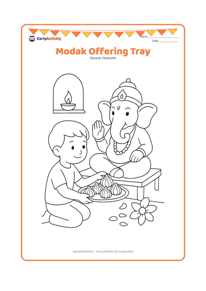 Colouring page: A child places several modaks on a round offering tray before a seated Ganesha. Include a diya, flower petals and a low table in a home prayer corner.