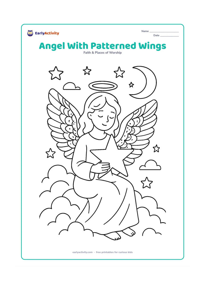 Colouring page: A seated angel holds a large star while the wings display different sections of feathers, dots and curved patterns. Surround the figure with layered clouds, stars and a crescent moon.