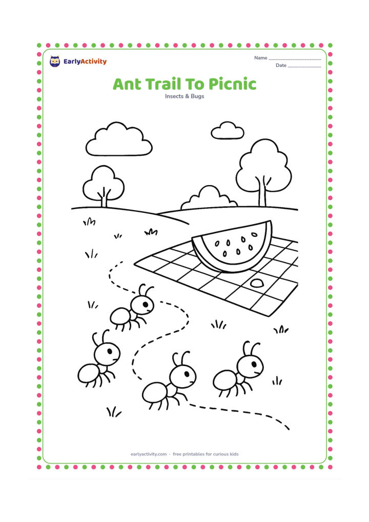 Colouring page: Several ants follow a curved trail toward a picnic cloth with a slice of fruit and a small crumb. Place the scene in a simple grassy park.