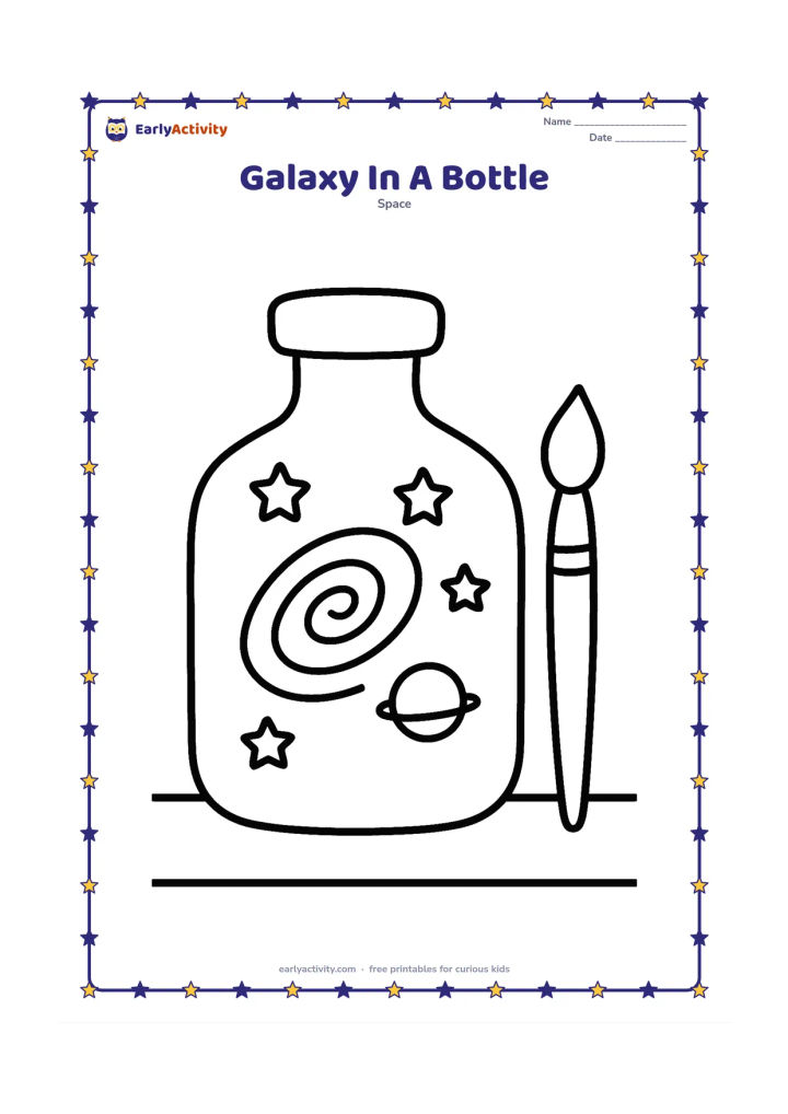 Colouring page: A large transparent bottle contains a simple spiral galaxy, three stars and a small planet, resting on a table beside a child-sized paintbrush. Do not add labels or writing to the bottle.