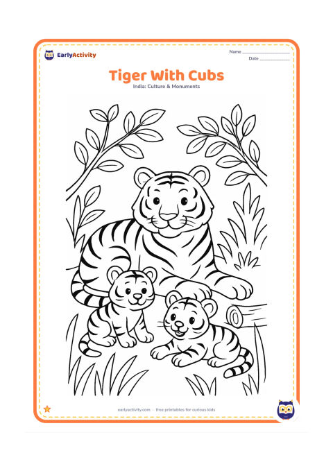 Colouring page: Draw a Bengal tiger resting protectively beside two playful cubs in a forest clearing. Include large grass blades, a fallen log and leafy branches framing the group.
