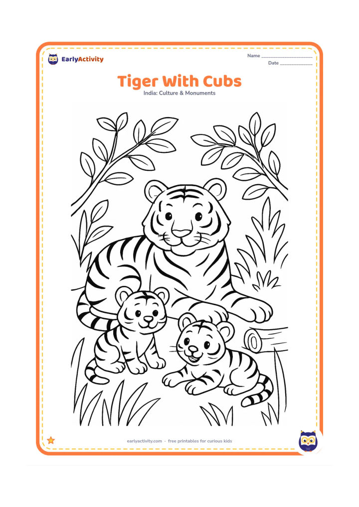 Colouring page: Draw a Bengal tiger resting protectively beside two playful cubs in a forest clearing. Include large grass blades, a fallen log and leafy branches framing the group.